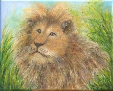 Malerei mit dem Titel "Lion in the grass" von Ludmilla Ukrow, Original-Kunstwerk, Öl