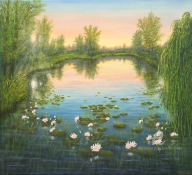 Malerei mit dem Titel "Sunrise at the wate…" von Ludmilla Ukrow, Original-Kunstwerk, Öl