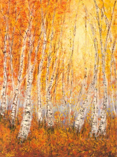 Painting titled "Autumn birch tree f…" by Ludmilla Ukrow, Original Artwork, Oil