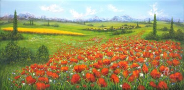 Schilderij getiteld "Poppy field on the…" door Ludmilla Ukrow, Origineel Kunstwerk, Olie
