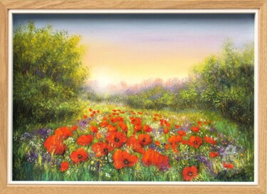 Painting titled "Sunset at the poppy…" by Ludmilla Ukrow, Original Artwork, Oil