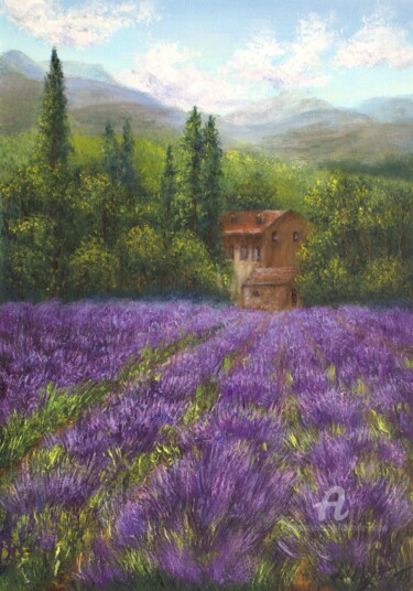 Pittura intitolato "Lavender landscape…" da Ludmilla Ukrow, Opera d'arte originale, Olio