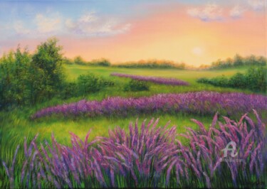 Painting titled "Lavender field in P…" by Ludmilla Ukrow, Original Artwork, Oil