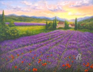 Картина под названием "Purple lavender fie…" - Ludmilla Ukrow, Подлинное произведение искусства, Масло