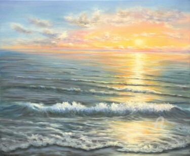 Painting titled "Sunset at the ocean" by Ludmilla Ukrow, Original Artwork, Oil