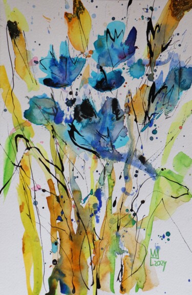 Pintura titulada "Feldblumen in Blau" por Ludmilla Wingelmaier, Obra de arte original, Acuarela