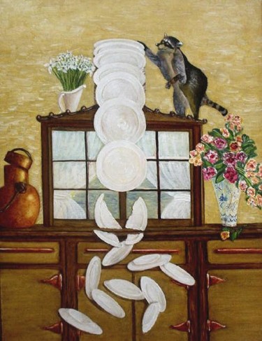Painting titled "Falling Plates" by Ludovic Van Begin, Original Artwork, Oil