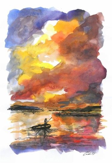 Peinture intitulée "Fishman" par Ludo Sevcik, Œuvre d'art originale, Aquarelle