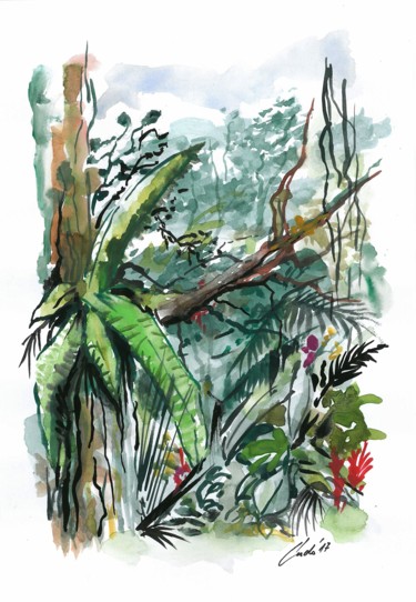 Peinture intitulée "in-jungle" par Ludo Sevcik, Œuvre d'art originale, Aquarelle