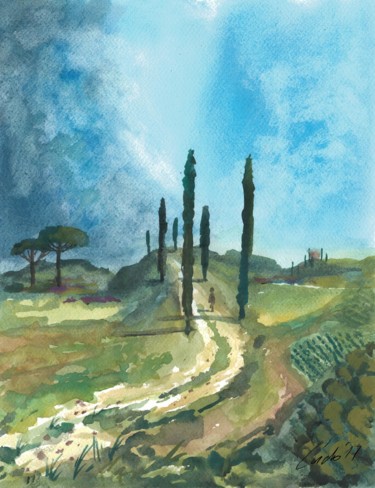 Painting titled "sollegiato-toscana" by Ludo Sevcik, Original Artwork, Watercolor