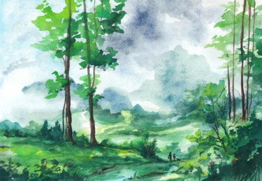 Pintura intitulada "my green country" por Ludo Sevcik, Obras de arte originais, Aquarela