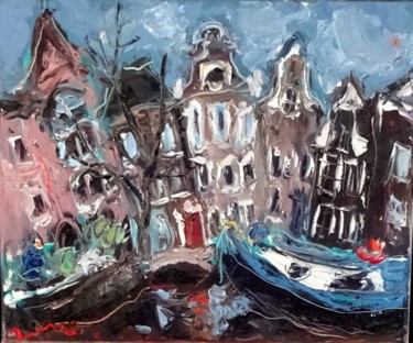 Painting titled "Canal Amsterdam" by Ludovic Labbé, Original Artwork, Oil
