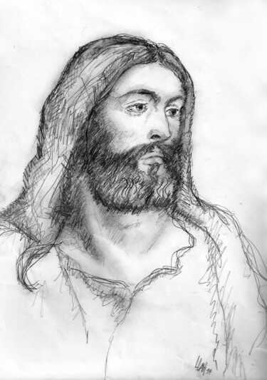 Dessin intitulée "Portrait du Christ" par Ludovic Lan, Œuvre d'art originale, Crayon