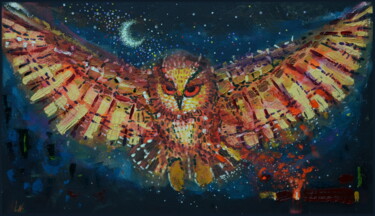 Painting titled "Moon Owl" by Ludovic Lan, Original Artwork, Oil