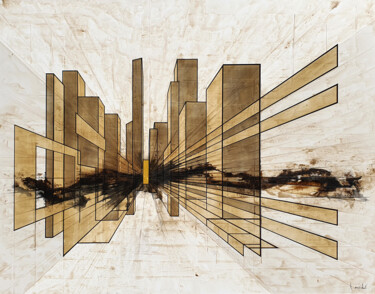 Malarstwo zatytułowany „GOLD CITY” autorstwa Ludovic Mercher, Oryginalna praca, Akryl Zamontowany na Drewniana rama noszy