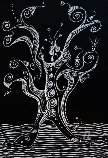 Drawing titled "CHOUETTE PLANETE" by Ludovic Spyrr, Original Artwork, Marker Mounted on Other rigid panel