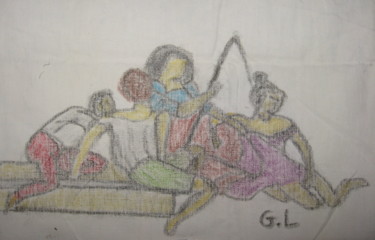 Disegno intitolato "la famille" da Ludovic Grumel, Opera d'arte originale, Matite colorate