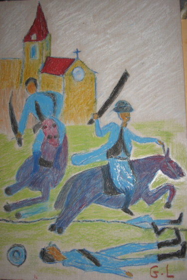 Dessin intitulée "cavaliers chargeant…" par Ludovic Grumel, Œuvre d'art originale, Crayon