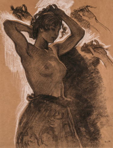 Drawing titled "Demi-nu féminin" by Ludwig Von Hofmann, Original Artwork, Chalk