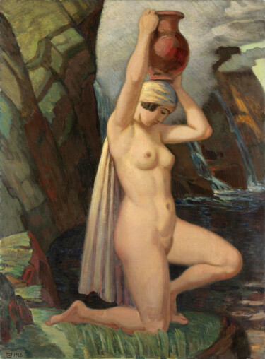 Картина под названием "Agenouillée avec un…" - Ludwig Von Hofmann, Подлинное произведение искусства, Масло