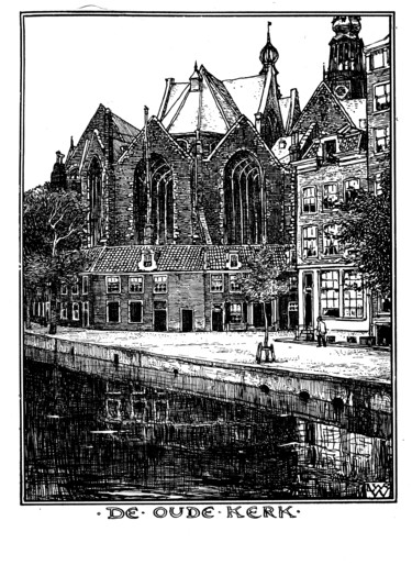 Prenten & gravures getiteld "Oude Kerk Amsterdam" door Ludwig Willem Reymert Wenkenbach, Origineel Kunstwerk, Digitale afdruk