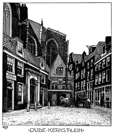 Prenten & gravures getiteld "Oude Kerksplein Ams…" door Ludwig Willem Reymert Wenkenbach, Origineel Kunstwerk, Digitale afdr…