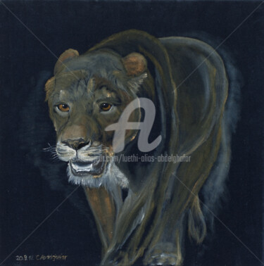 Malerei mit dem Titel "Löwin" von Luethi Alias Abdelghafar, Original-Kunstwerk, Öl Auf Keilrahmen aus Holz montiert