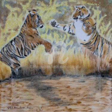 Painting titled "Tiger kämpfend" by Luethi Alias Abdelghafar, Original Artwork, Oil Mounted on Wood Stretcher frame