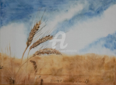 Malerei mit dem Titel "Weizenähren im Wind" von Luethi Alias Abdelghafar, Original-Kunstwerk, Öl Auf Keilrahmen aus Holz mon…