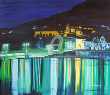 Painting titled "Heidelberg by night" by Luethi Alias Abdelghafar, Original Artwork, Oil Mounted on Wood Stretcher frame