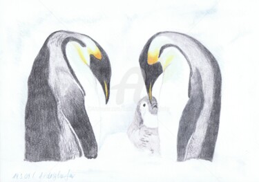 Tekening getiteld "Pinguin Familie" door Luethi Alias Abdelghafar, Origineel Kunstwerk, Conté