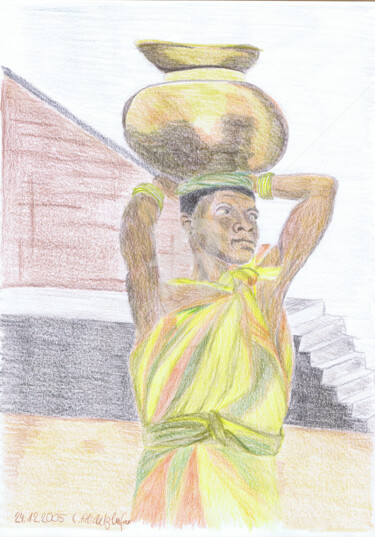 Rysunek zatytułowany „Afrikanerin” autorstwa Luethi Alias Abdelghafar, Oryginalna praca, Conté