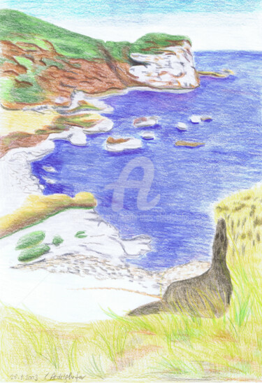 Zeichnungen mit dem Titel "Uferlandschaft" von Luethi Alias Abdelghafar, Original-Kunstwerk, Conté-Buntstifte