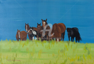 Malerei mit dem Titel "Pferdeherde relaxing" von Luethi Alias Abdelghafar, Original-Kunstwerk, Öl Auf Keilrahmen aus Holz mo…