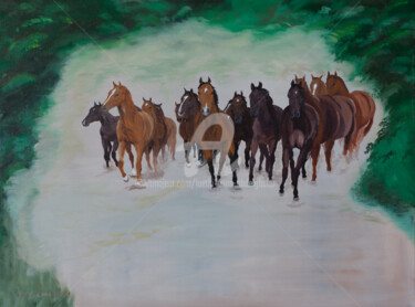 Malerei mit dem Titel "Pferdeherde im Galo…" von Luethi Alias Abdelghafar, Original-Kunstwerk, Öl Auf Keilrahmen aus Holz mo…