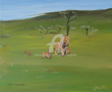 제목이 "Löwenfamilie"인 미술작품 Luethi Alias Abdelghafar로, 원작, 기름 나무 들것 프레임에 장착됨