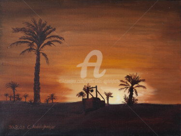 Painting titled "Oase mit Brunnen" by Luethi Alias Abdelghafar, Original Artwork, Oil Mounted on Wood Stretcher frame