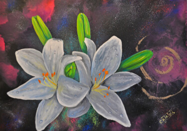 Painting titled "planet lilies" by Luigi Cataldi, Original Artwork, Oil