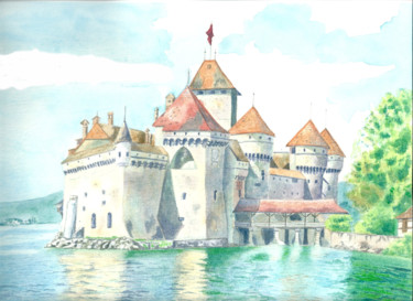 Pittura intitolato "Castello di Chillon" da Luigi Giammattei, Opera d'arte originale, Acquarello