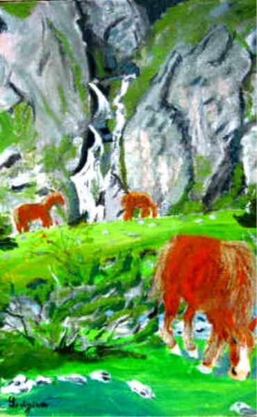 Peinture intitulée "Chevaux à Lescun" par Luigina, Œuvre d'art originale, Huile