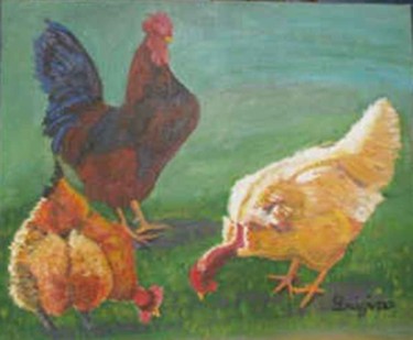 Peinture intitulée "coq-et-poules.jpg" par Luigina, Œuvre d'art originale
