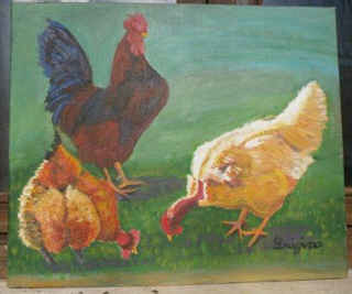 Painting titled "coq-et-poules.jpg" by Luigina, Original Artwork, Oil