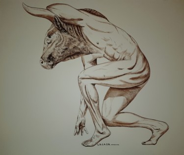Dibujo titulada "Minotauro sepia" por Lacasa, Obra de arte original, Tinta