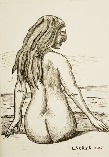 Drawing titled "Mujer frente al mar…" by Lacasa, Original Artwork, Ink