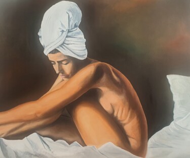 Painting titled "After bath" by Lacasa, Original Artwork, Oil Mounted on Wood Stretcher frame