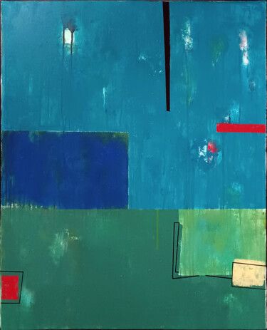Painting titled "Green and blue comp…" by Luis Medina, Original Artwork, Acrylic Mounted on Wood Stretcher frame