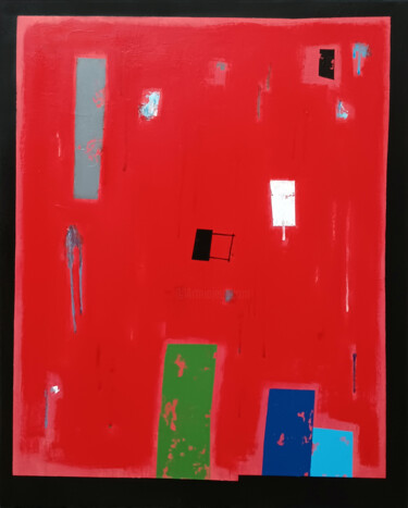 Schilderij getiteld "Red in city II" door Luis Medina, Origineel Kunstwerk, Acryl Gemonteerd op Frame voor houten brancard