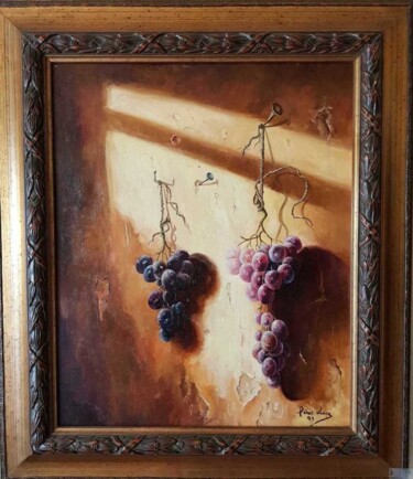 Pintura titulada "Uvas,mencia,colgada…" por Perez Alaez, Obra de arte original, Oleo Montado en Otro panel rígido