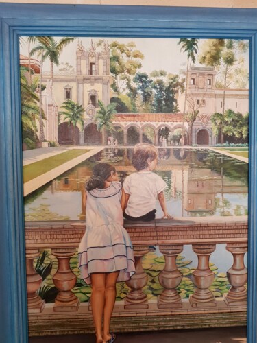 Painting titled "Niños contemplando…" by Perez Alaez, Original Artwork, Oil