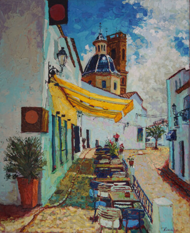 Painting titled "Altea old town" by Luis Rincon, Original Artwork, Oil Mounted on Wood Stretcher frame